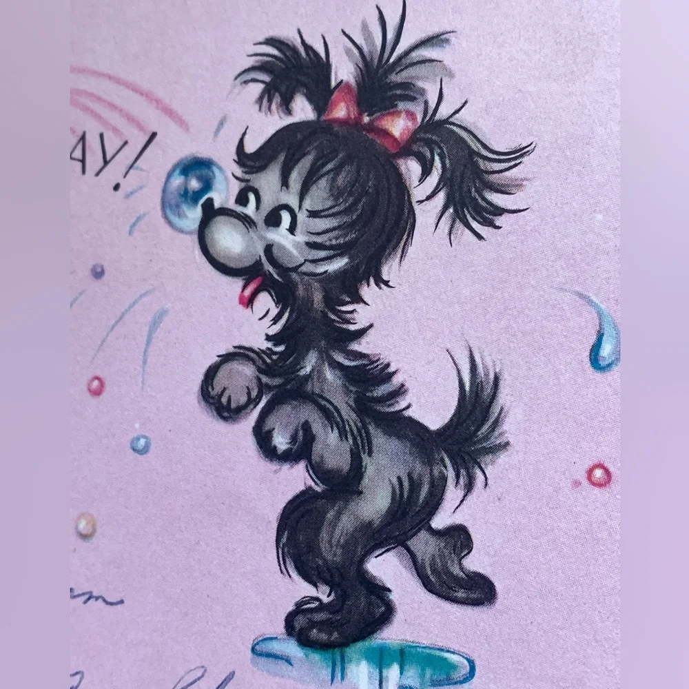 Vintage, 1950 Era Birthday Card Kitten & Puppy Bath Time “Just Bubbling Over”